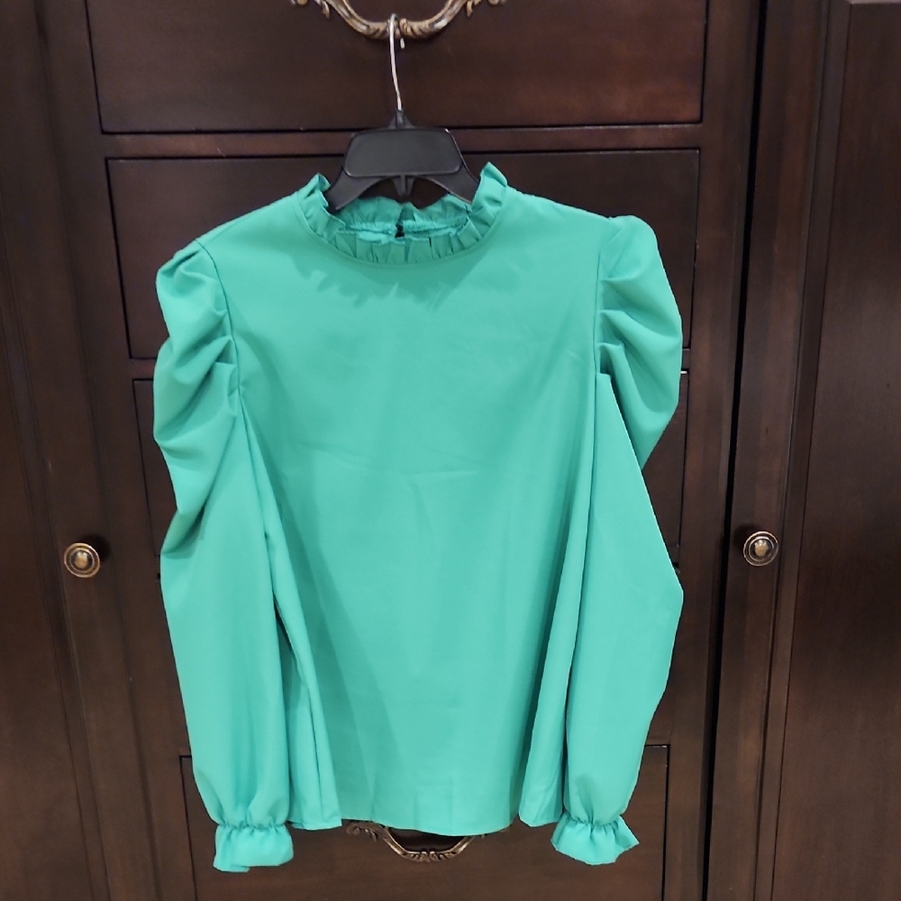 SHEIN Teal Ruffle Neck Puff Sleeve Blouse